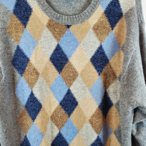 Jos A Bank Argyle Lambs Wool Sweater Size XL Mens Gray Crew Neck Knit - Picture 3 of 7